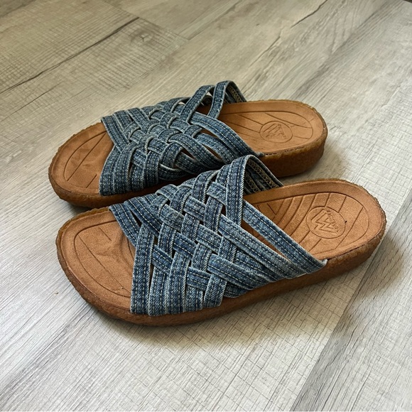 orSlow x MALIBU SANDALS Zuma Washed Indigo Denim Crepe Blue Woven Slide Sandals